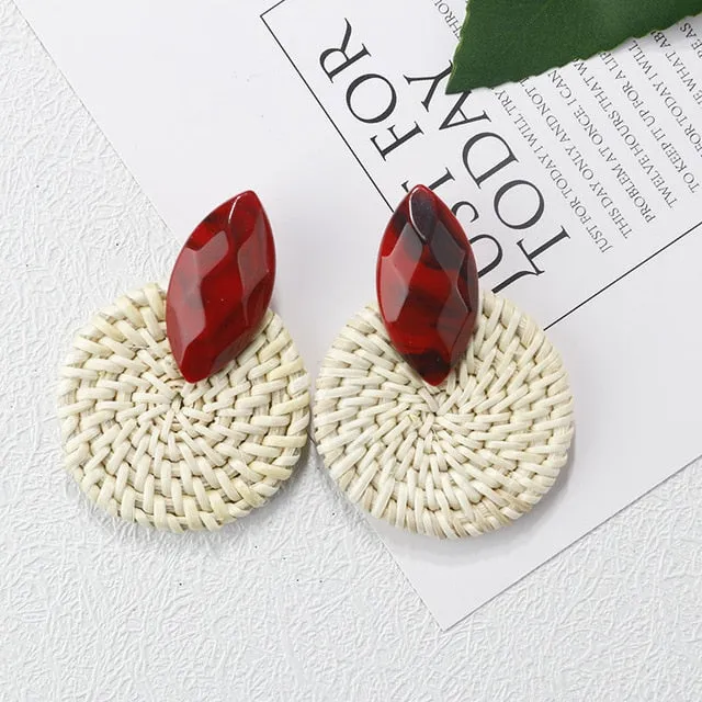 27 Style Korean Handmade Wooden Straw Weave Geometric Long Earrings