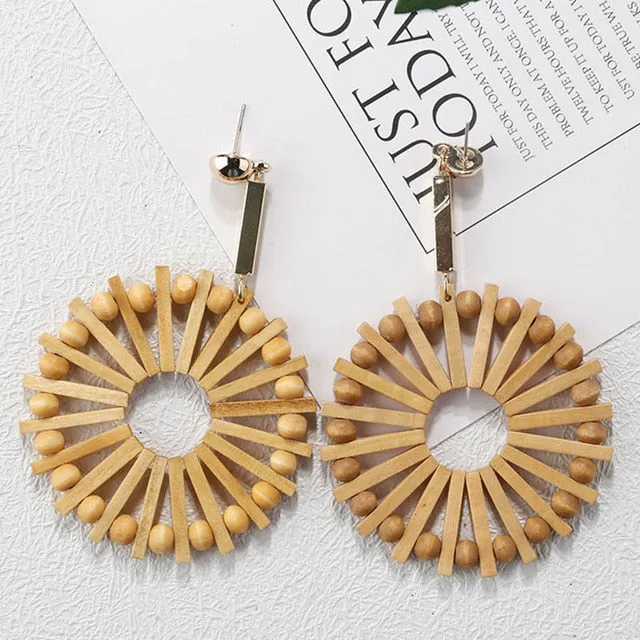 27 Style Korean Handmade Wooden Straw Weave Geometric Long Earrings