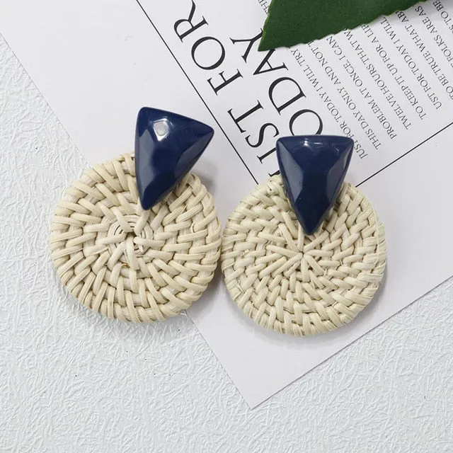 27 Style Korean Handmade Wooden Straw Weave Geometric Long Earrings