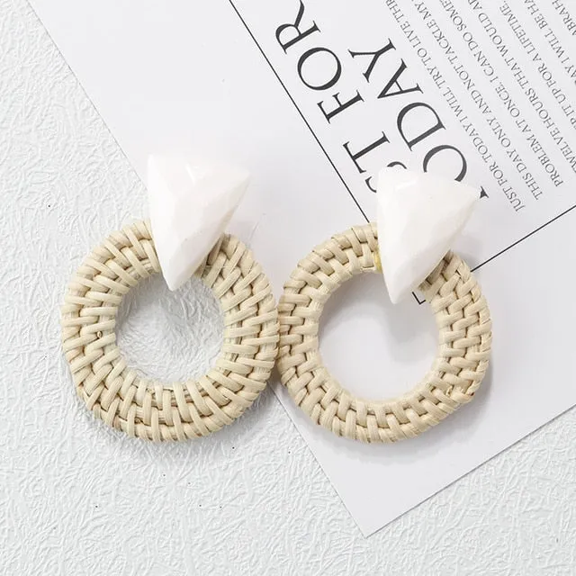 27 Style Korean Handmade Wooden Straw Weave Geometric Long Earrings