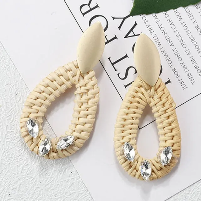 27 Style Korean Handmade Wooden Straw Weave Geometric Long Earrings