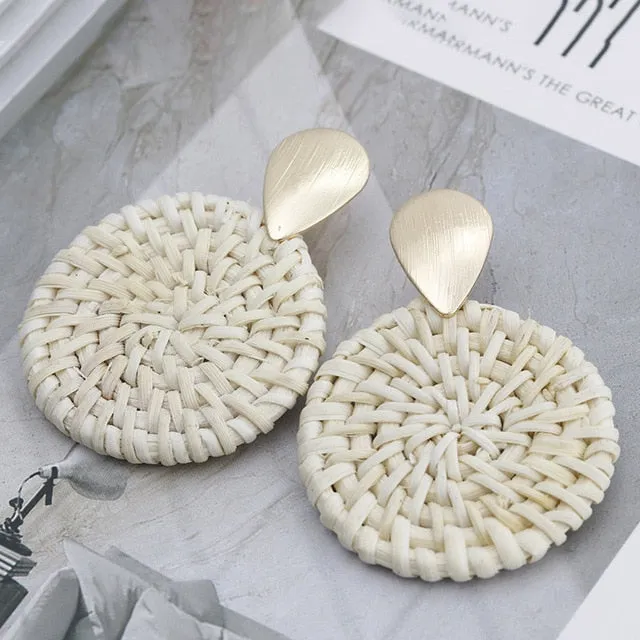 27 Style Korean Handmade Wooden Straw Weave Geometric Long Earrings