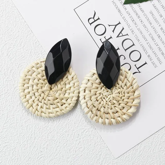 27 Style Korean Handmade Wooden Straw Weave Geometric Long Earrings