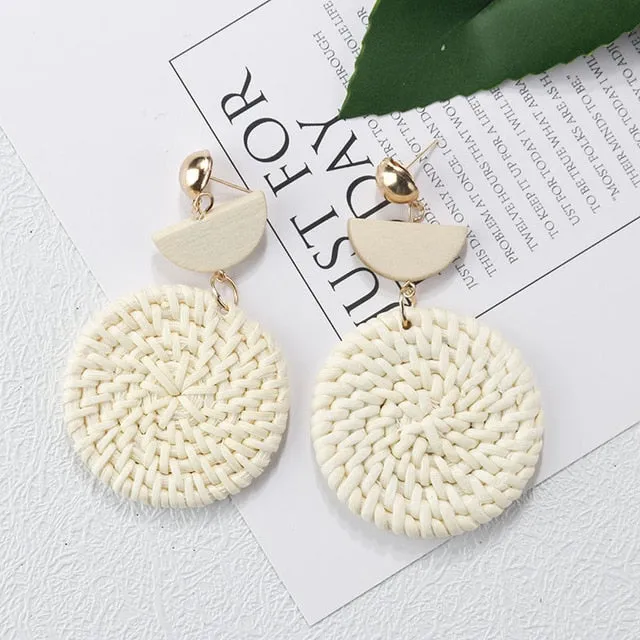 27 Style Korean Handmade Wooden Straw Weave Geometric Long Earrings