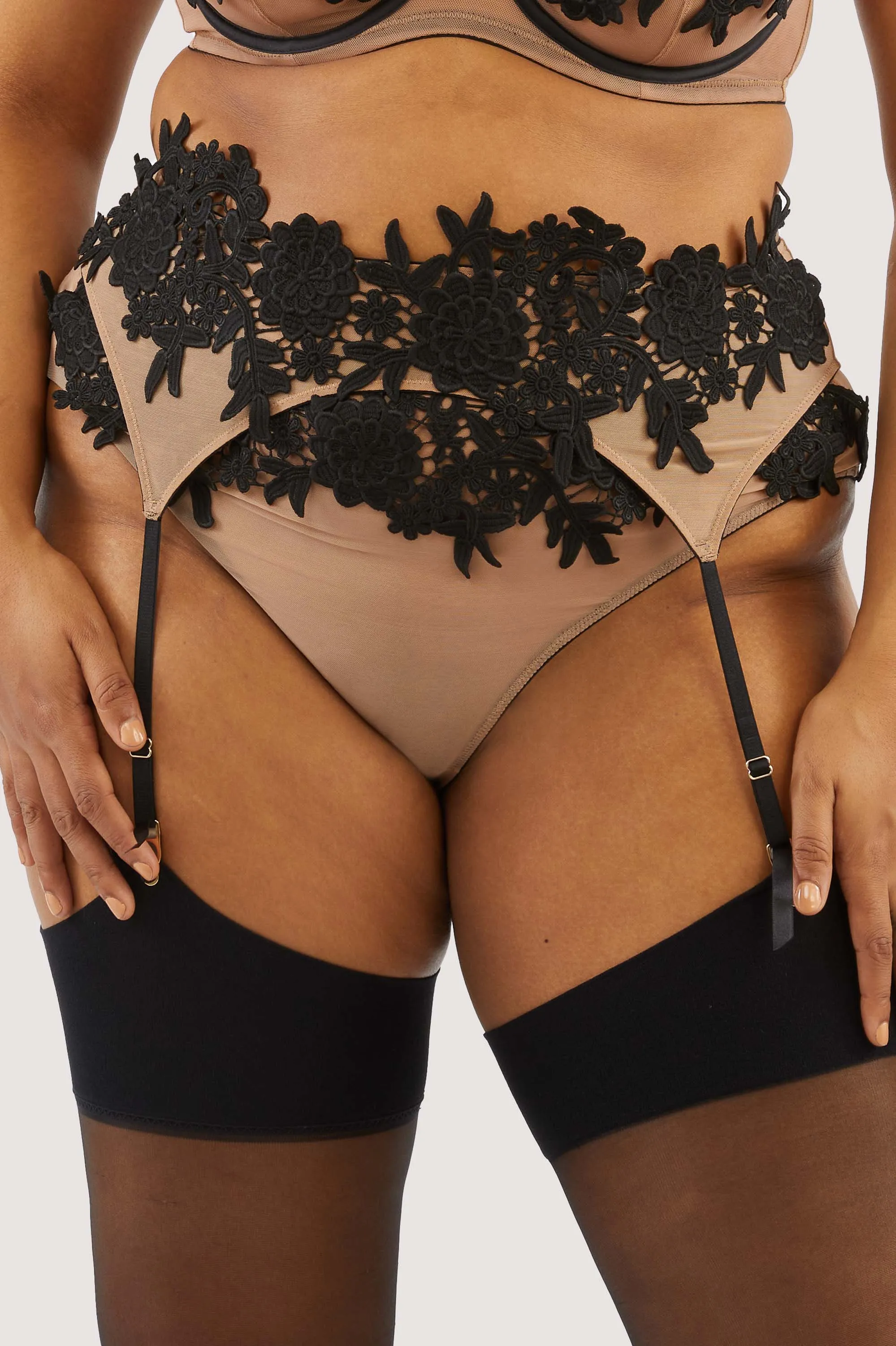 Alaina Illusion Mesh And Black Applique Suspender