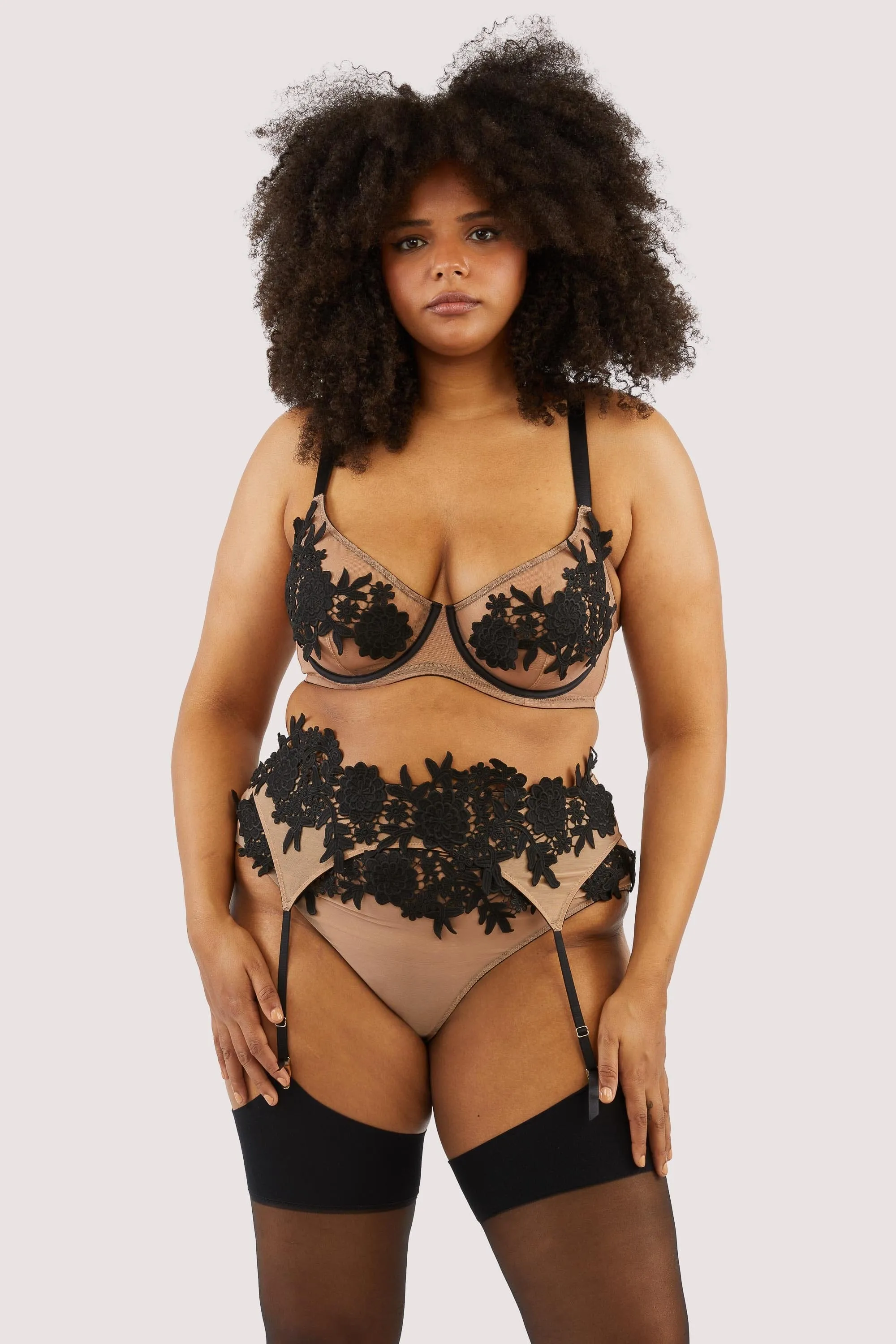 Alaina Illusion Mesh And Black Applique Suspender