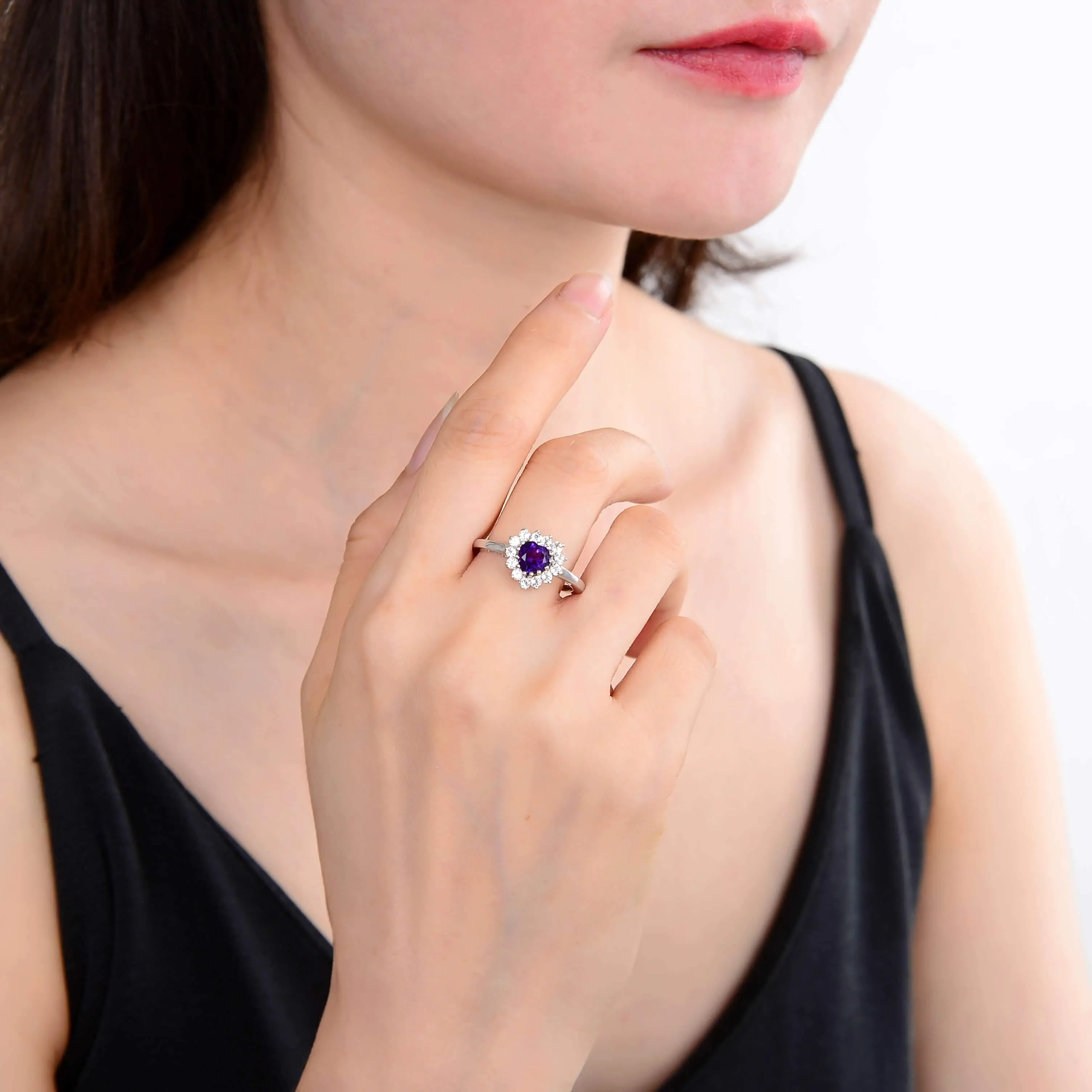 Amethyst Halo Style Heart Ring