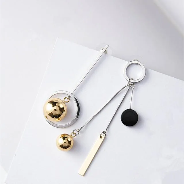 Asymmetric Korean Style Hollow Circle Metal Ball Design Long Earrings