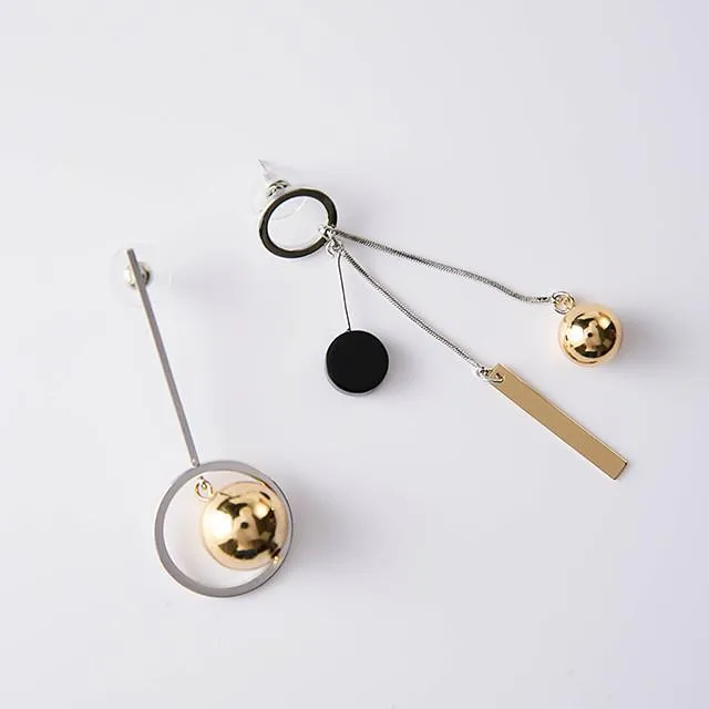 Asymmetric Korean Style Hollow Circle Metal Ball Design Long Earrings