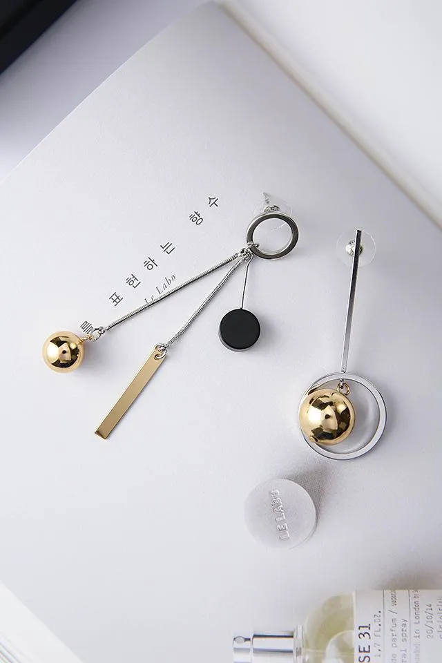 Asymmetric Korean Style Hollow Circle Metal Ball Design Long Earrings