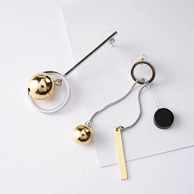 Asymmetric Korean Style Hollow Circle Metal Ball Design Long Earrings