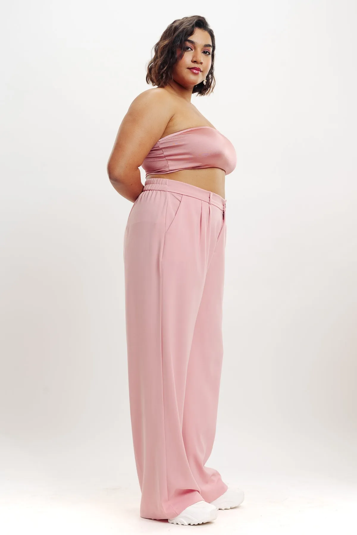 Baby Pink Pleated Straight Fit Curve Korean Pant