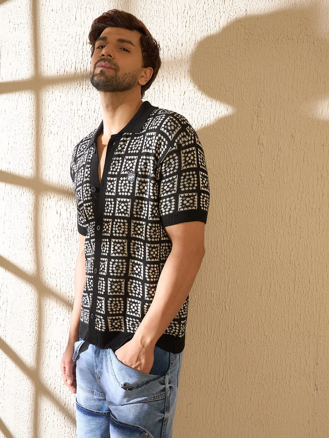 Black Geometrical Knitted Crochet Shirt