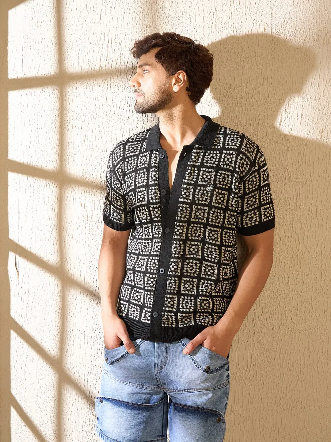 Black Geometrical Knitted Crochet Shirt