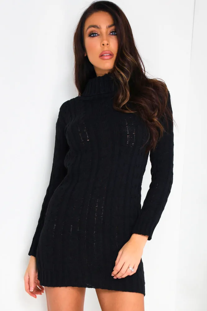 Black Roll Neck Cable Knitted Jumper Dress