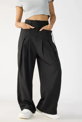 Black Wide Flat Pocket Korean Pants