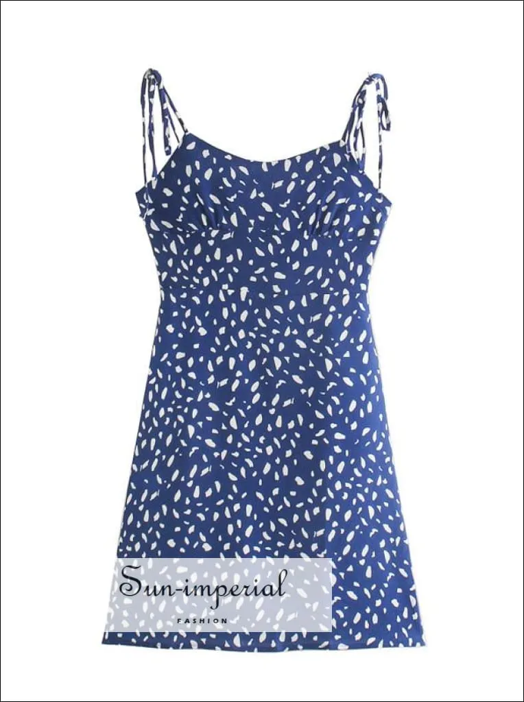 Blue Mini Dress Cami Strap Ink Print Slim Dress