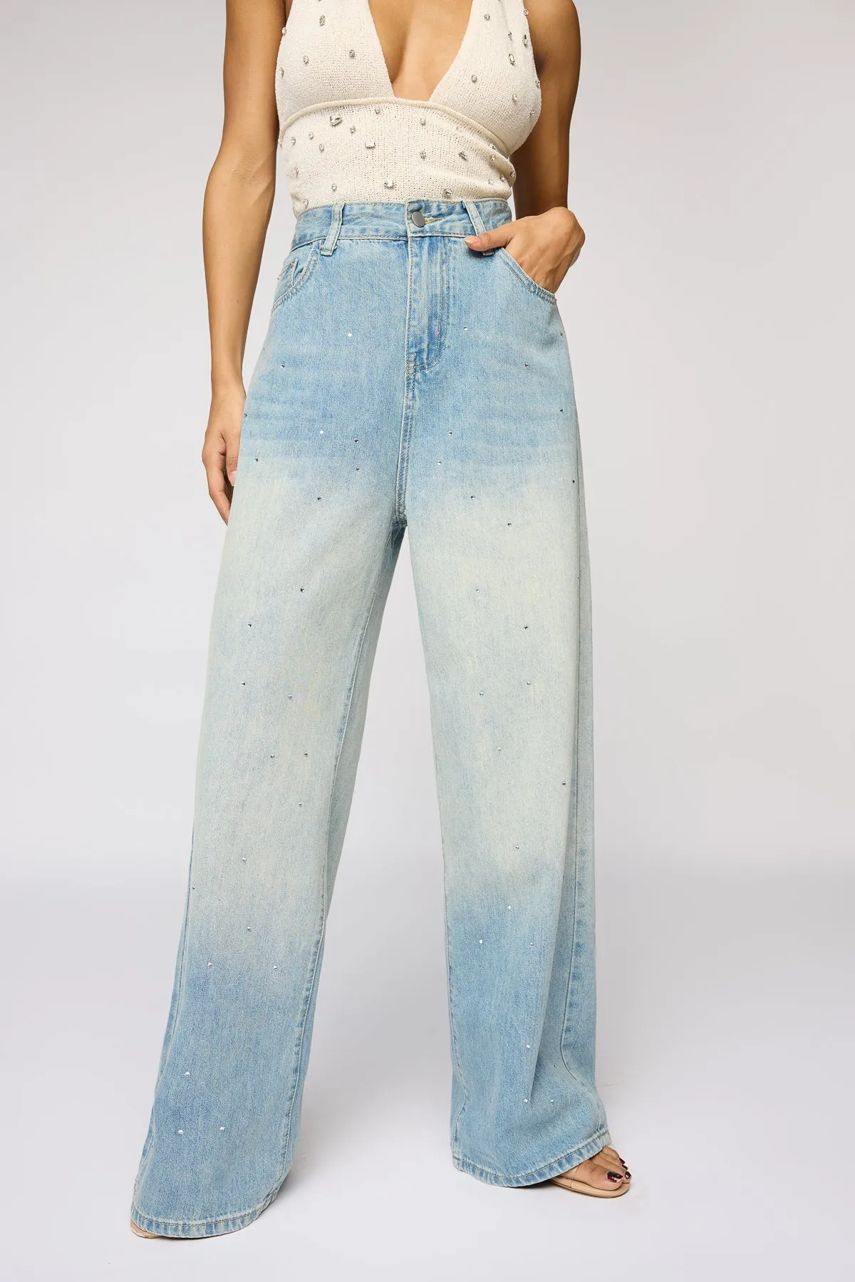 Brightwater Blue Embellished Denim Korean Pants