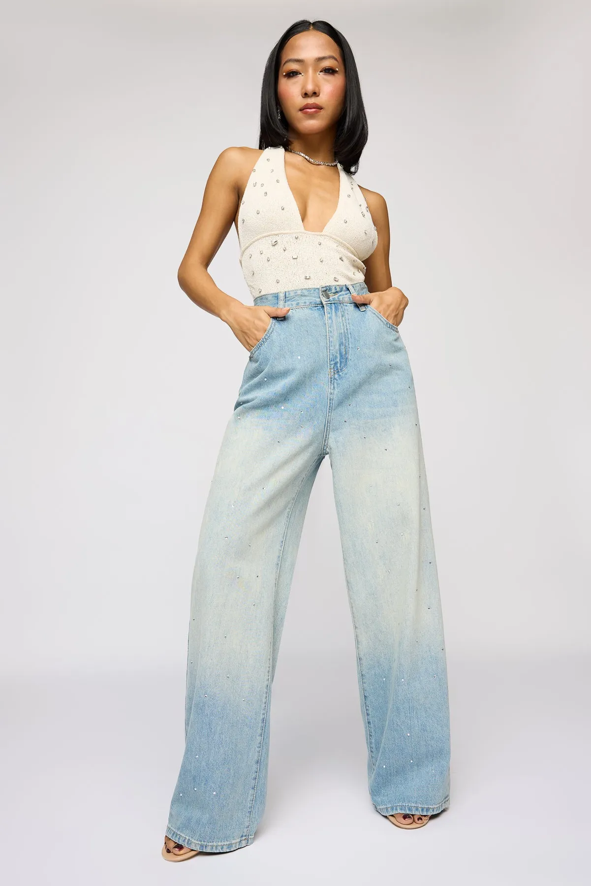 Brightwater Blue Embellished Denim Korean Pants