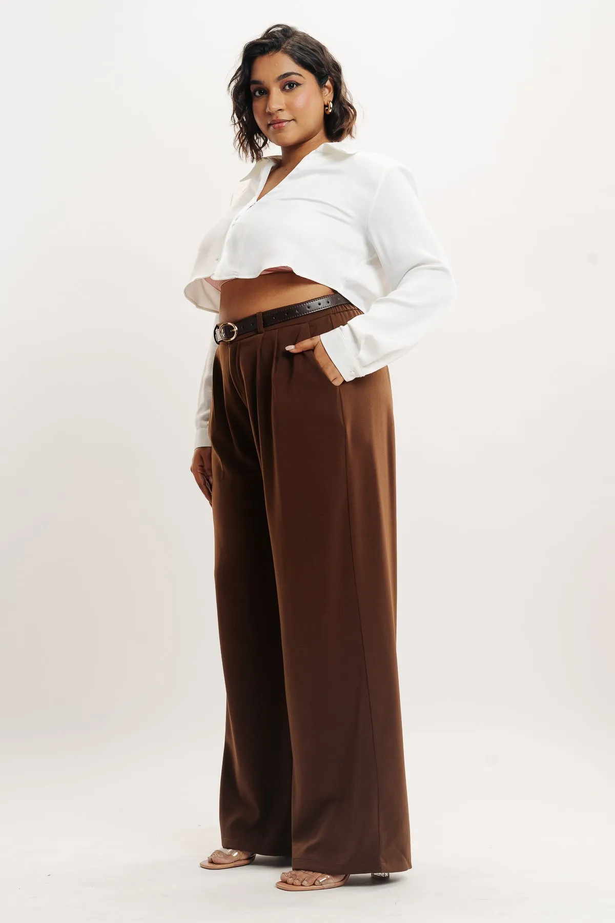 Brown Pleated Straight Fit Curve Korean Pants