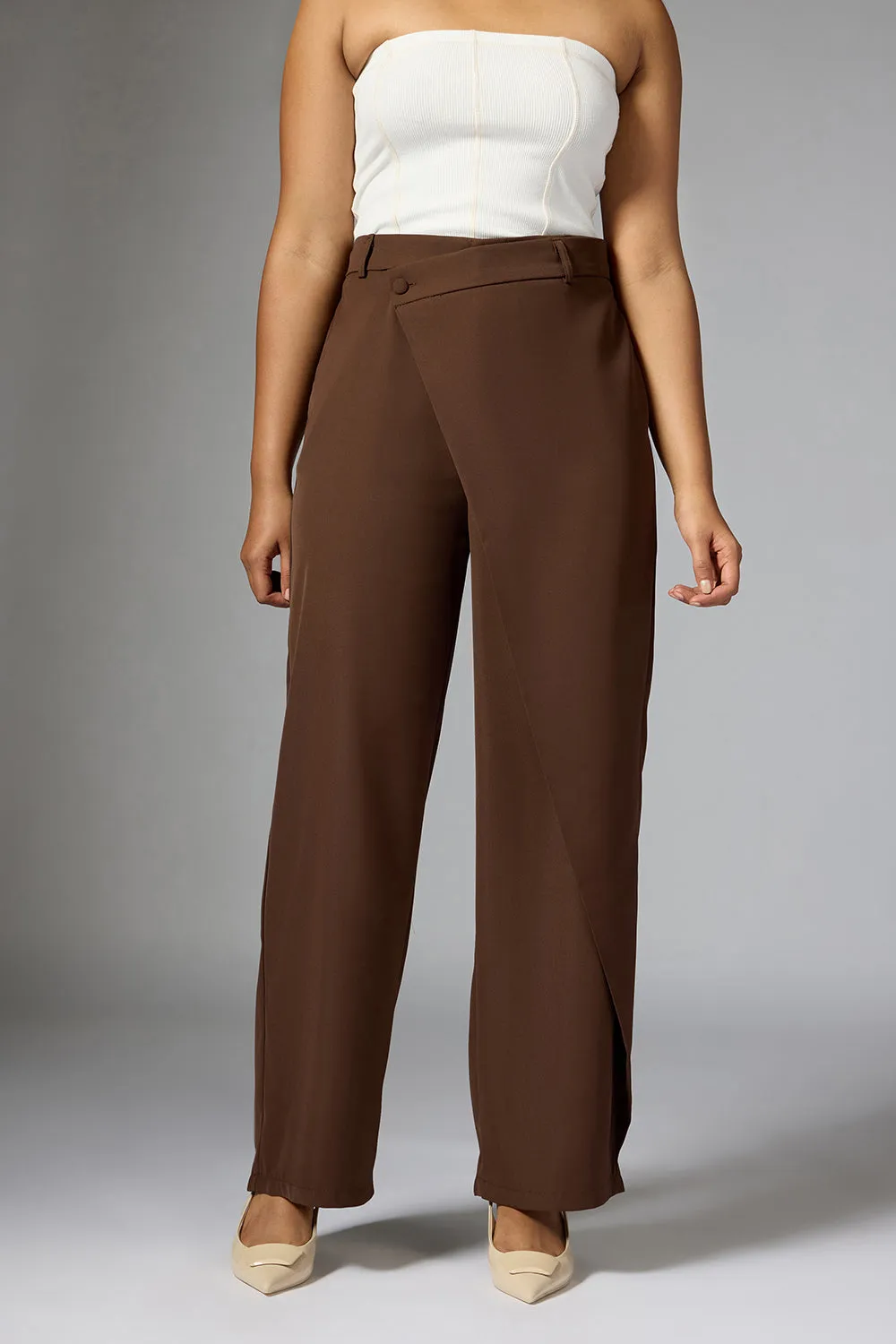 Cedar Brown Wrap Front Korean Pants