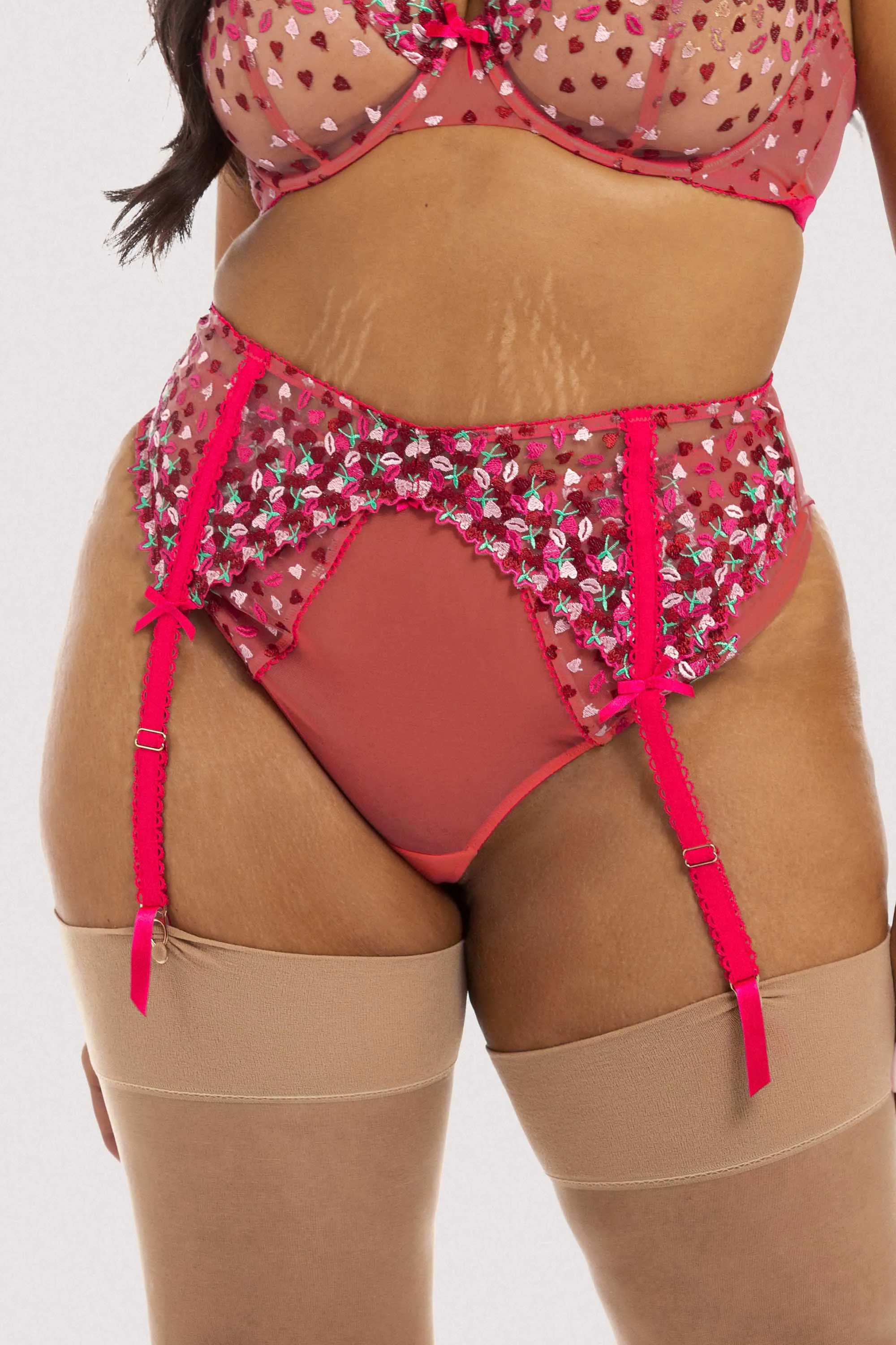 Cherry Embroidery Coral Suspender Belt