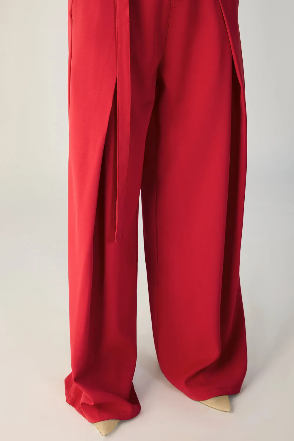 Cherry Red Belted Flared Korean Pants