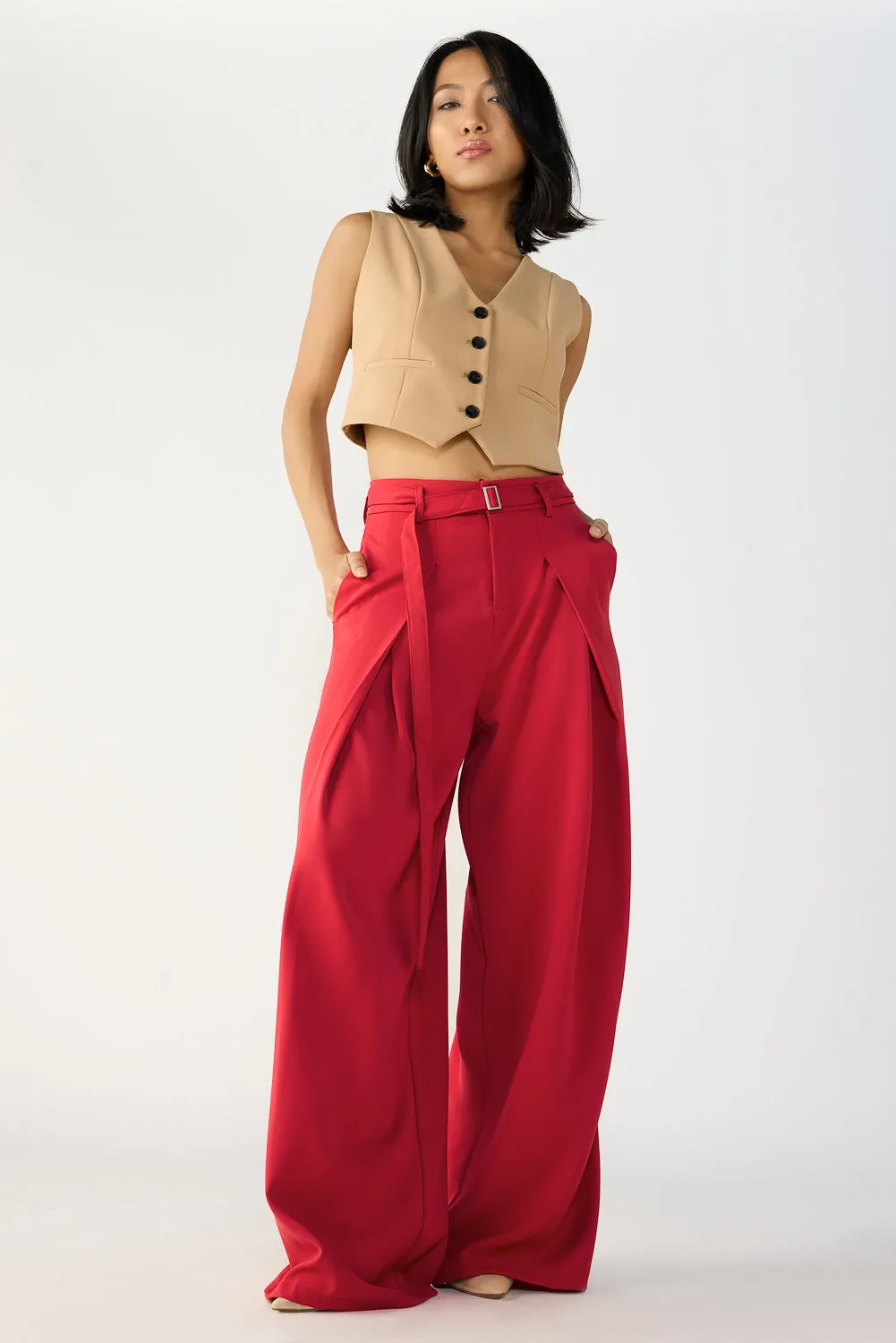 Cherry Red Belted Flared Korean Pants