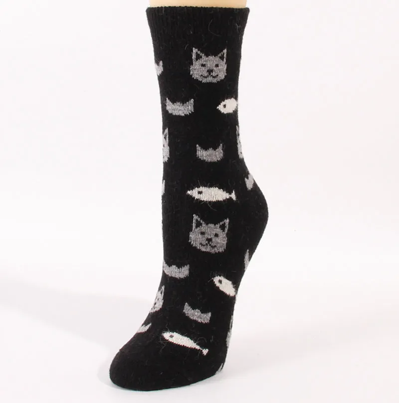 Cozy and Warm | Wool Socks | Cats and fish Black