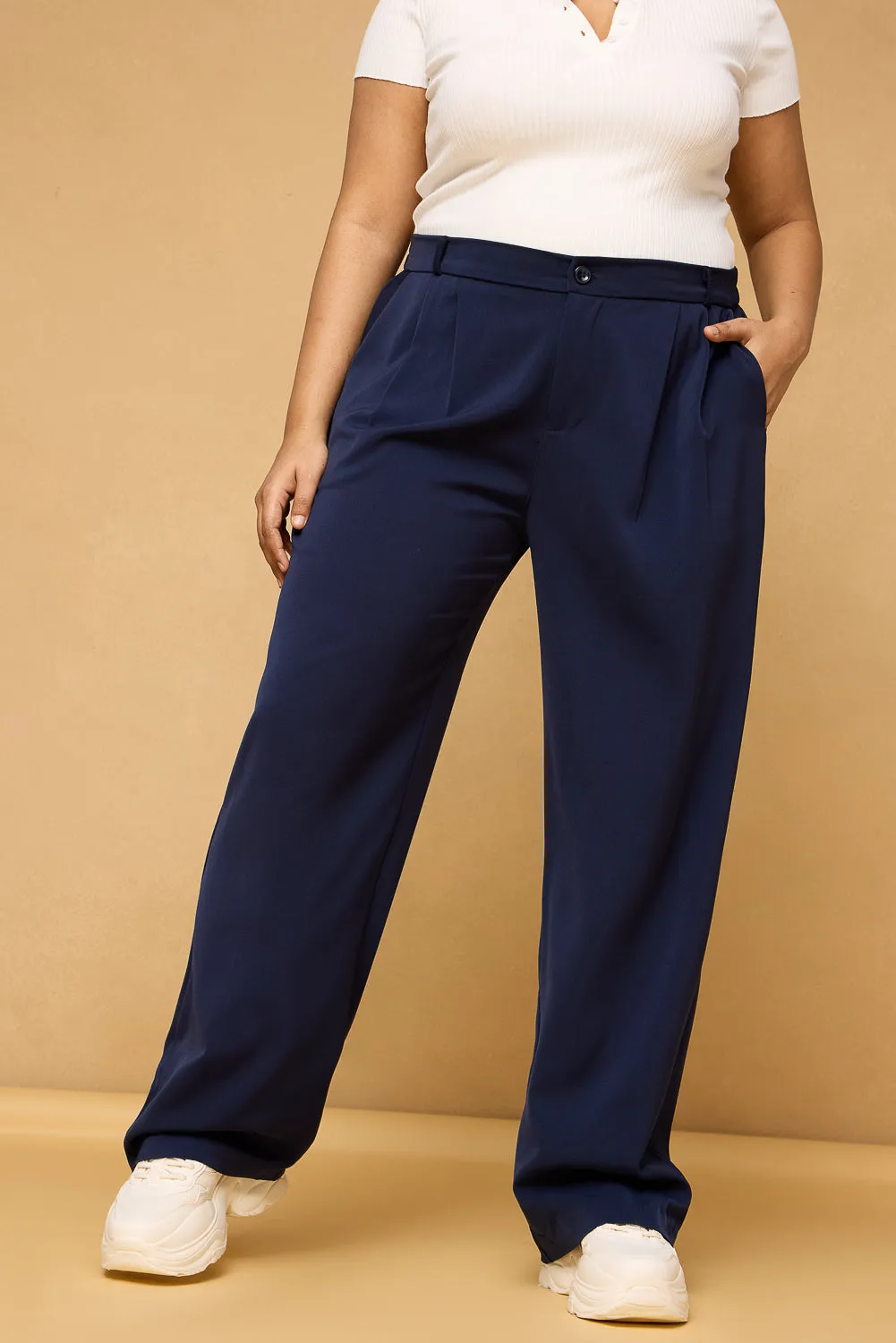 Curve Navy Blue Pleated Korean Pants