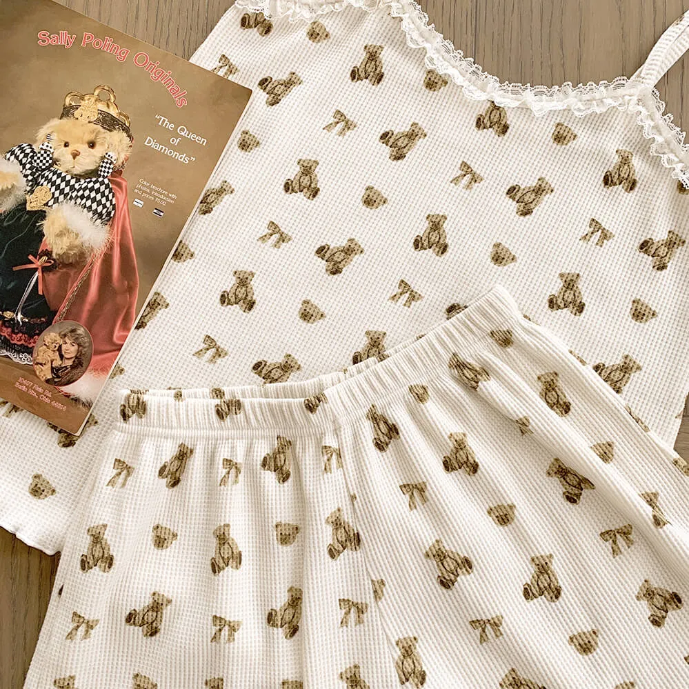 Cute bear lace suspender shorts Pajama Set BY5015