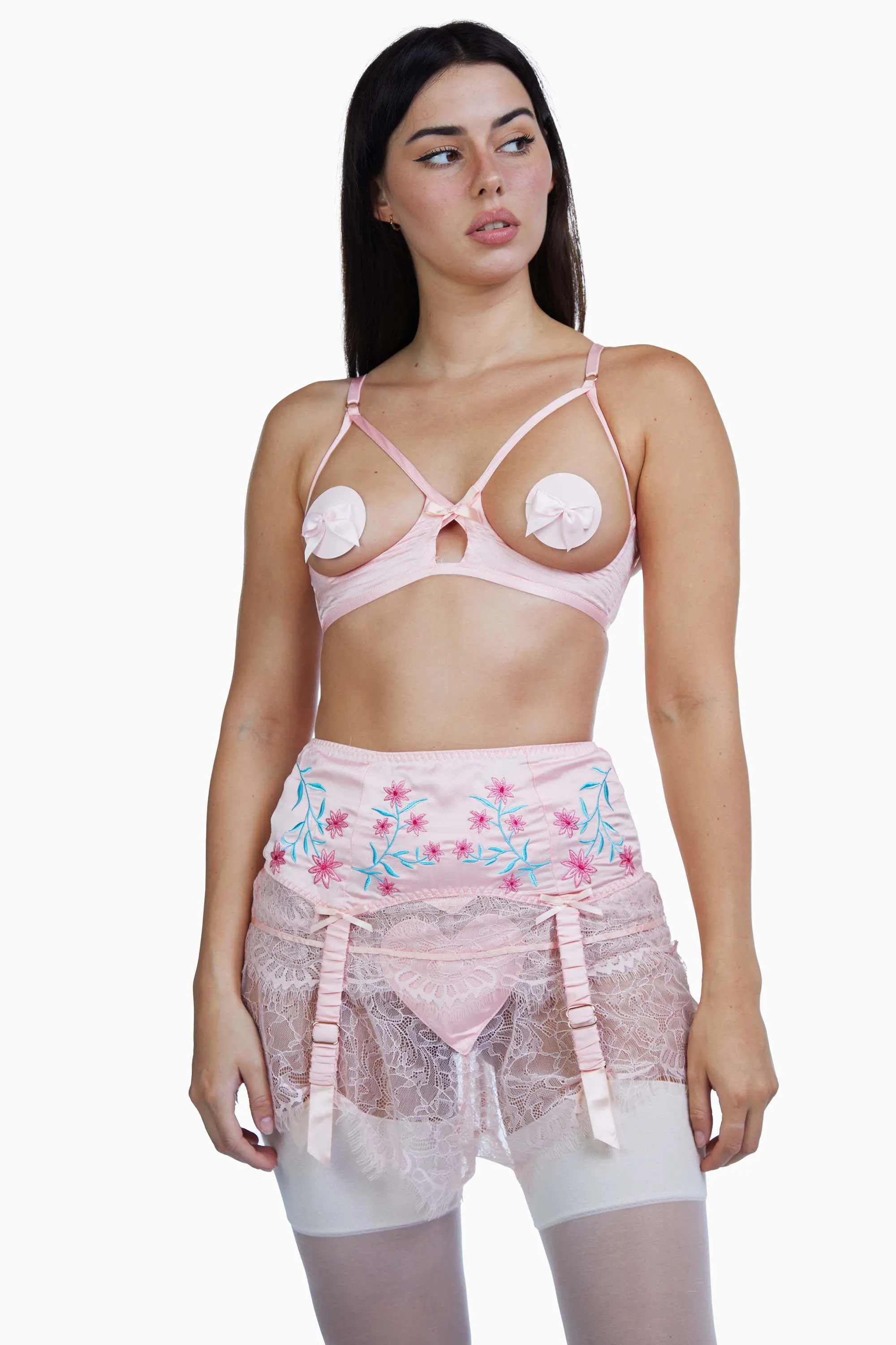 Doris Peach Embroidered Retro Suspender Belt