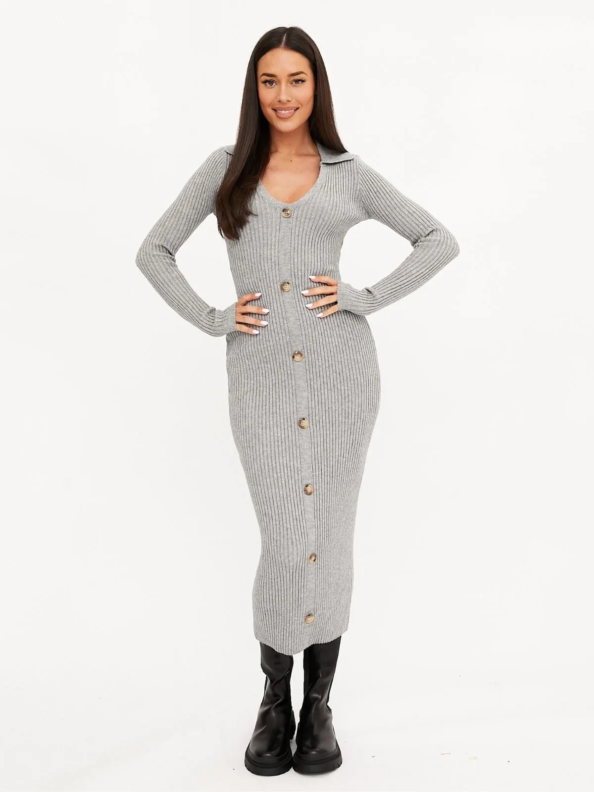 Everly Collar Knitted Midi Dress / Grey