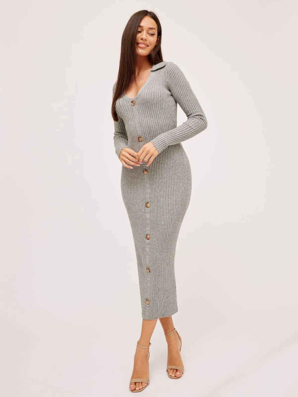 Everly Collar Knitted Midi Dress / Grey