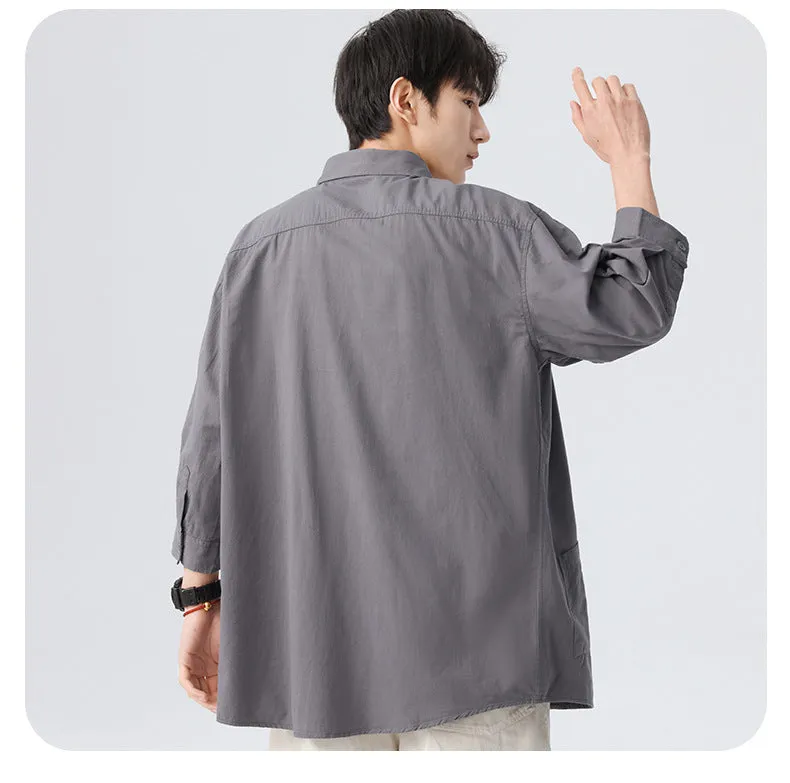 Grey korean-style relaxed shirt with three-fourth sleeve