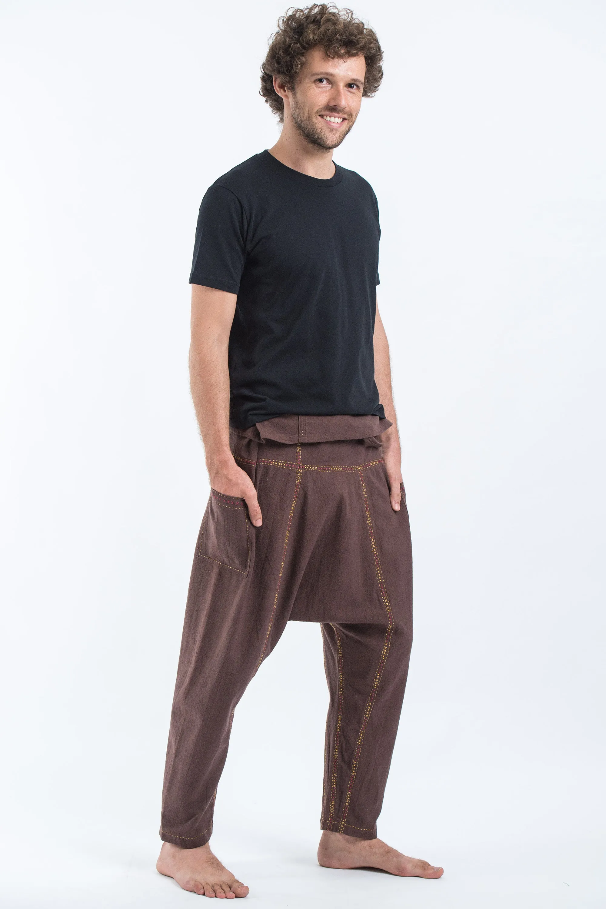 Hand Embroidered Men's Slim Cut Fisherman Pants in Brown