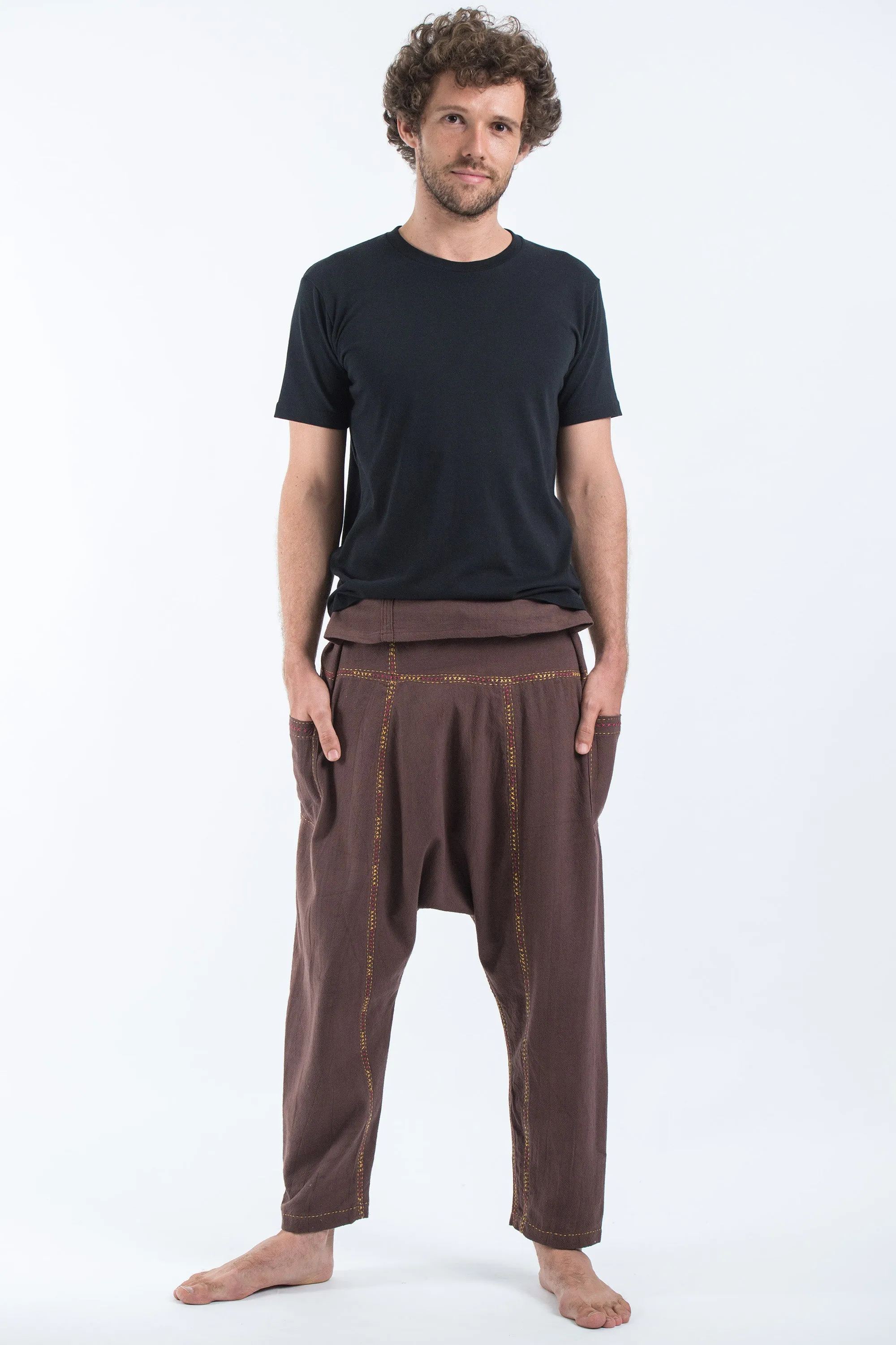 Hand Embroidered Men's Slim Cut Fisherman Pants in Brown