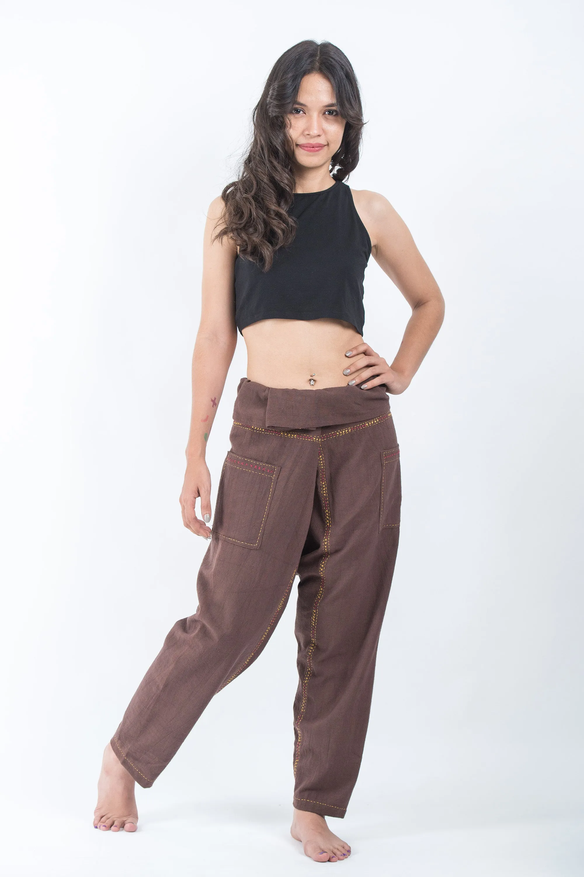 Hand Embroidered Women's Slim Cut Fisherman Pants in Brown