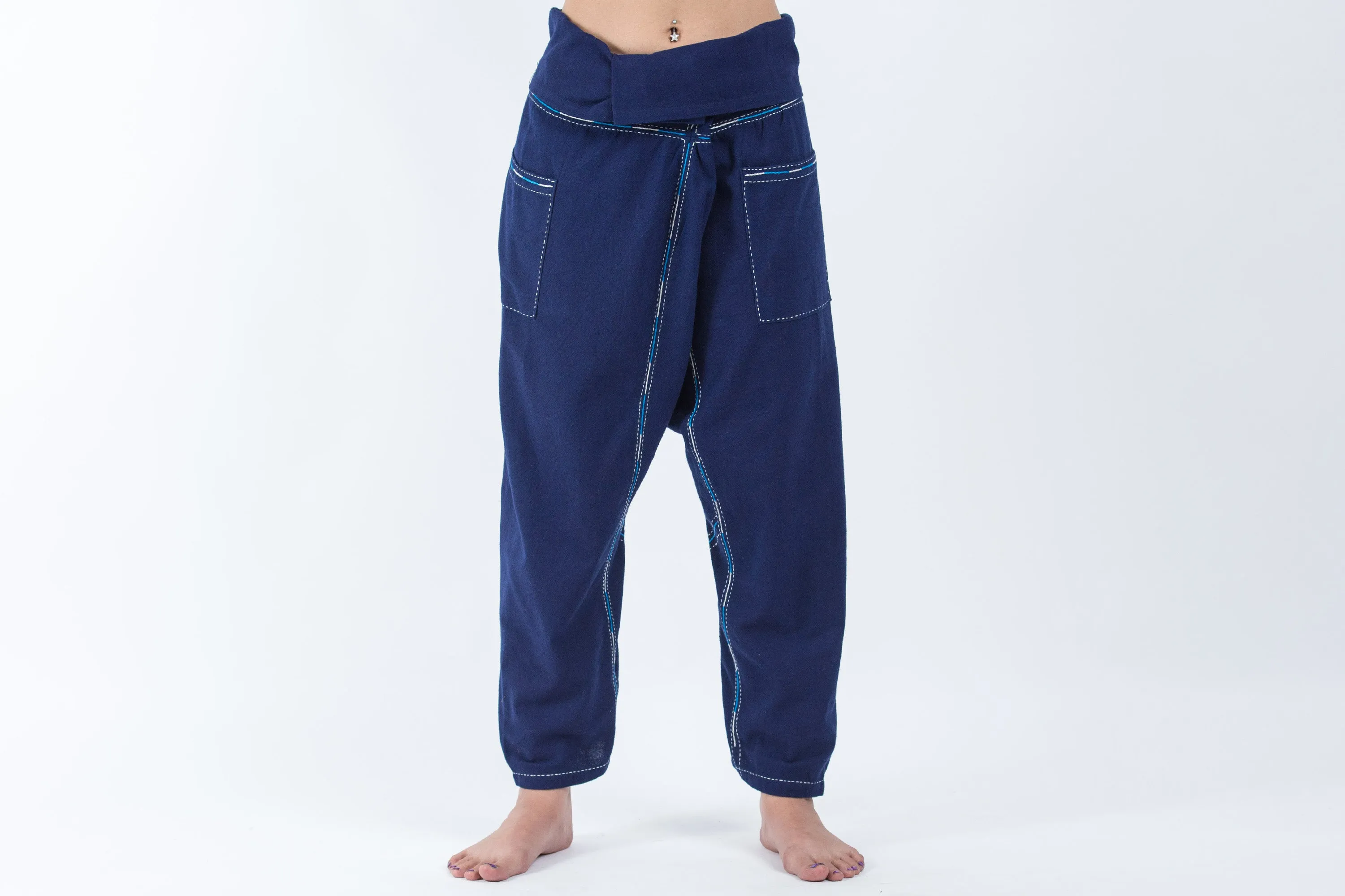 Hand Embroidered Women's Slim Cut Fisherman Pants in Navy