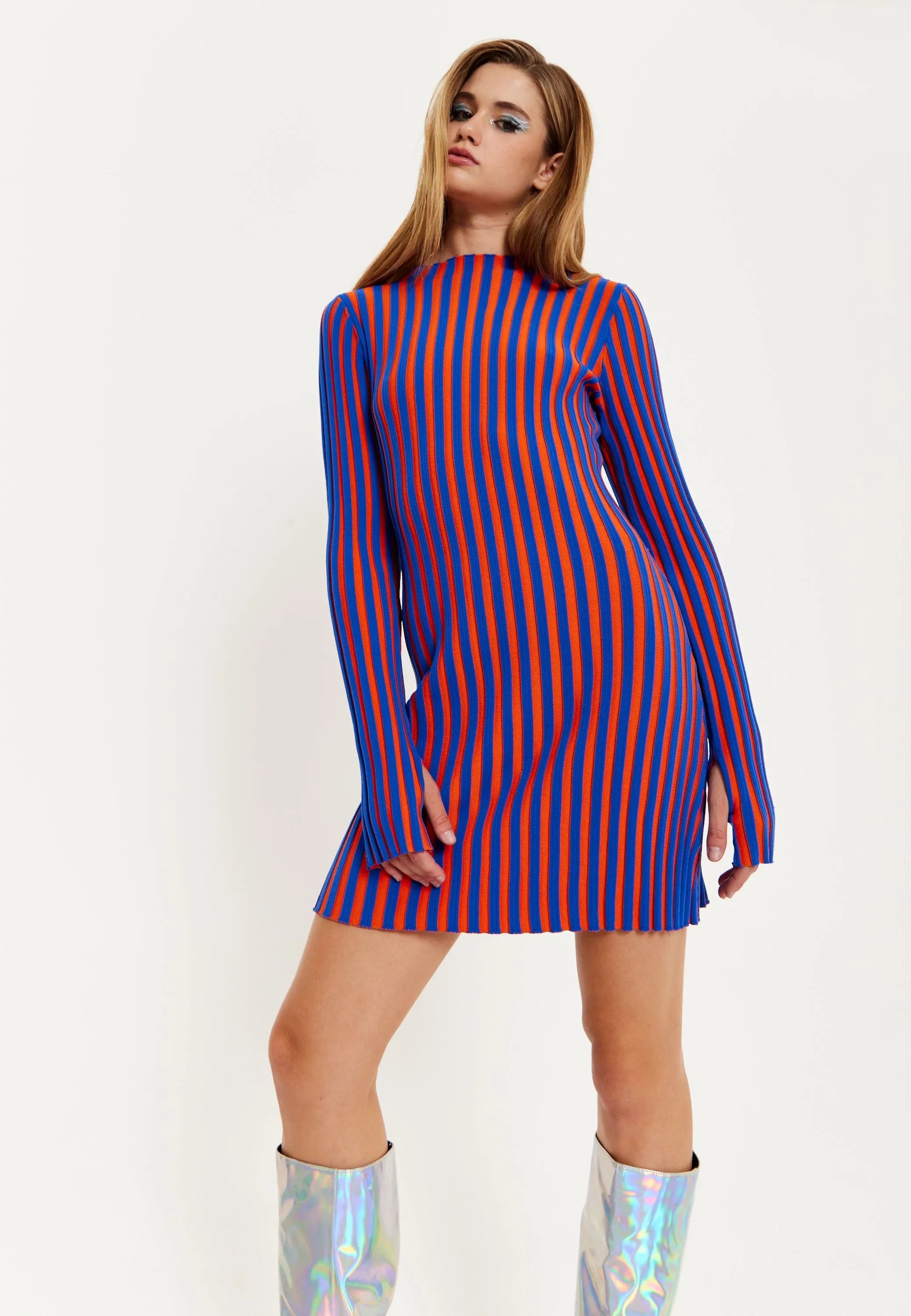 House Of Holland Blue And Orange Rib Knitted Mini Dress