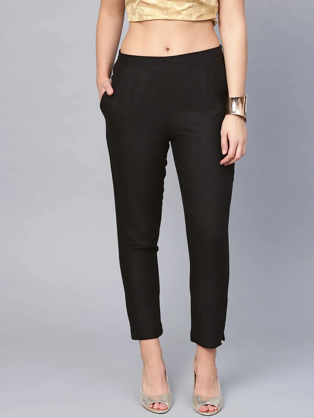 Juniper Black Solid Cotton Flex Slim Fit Women Pants With Two Pockets