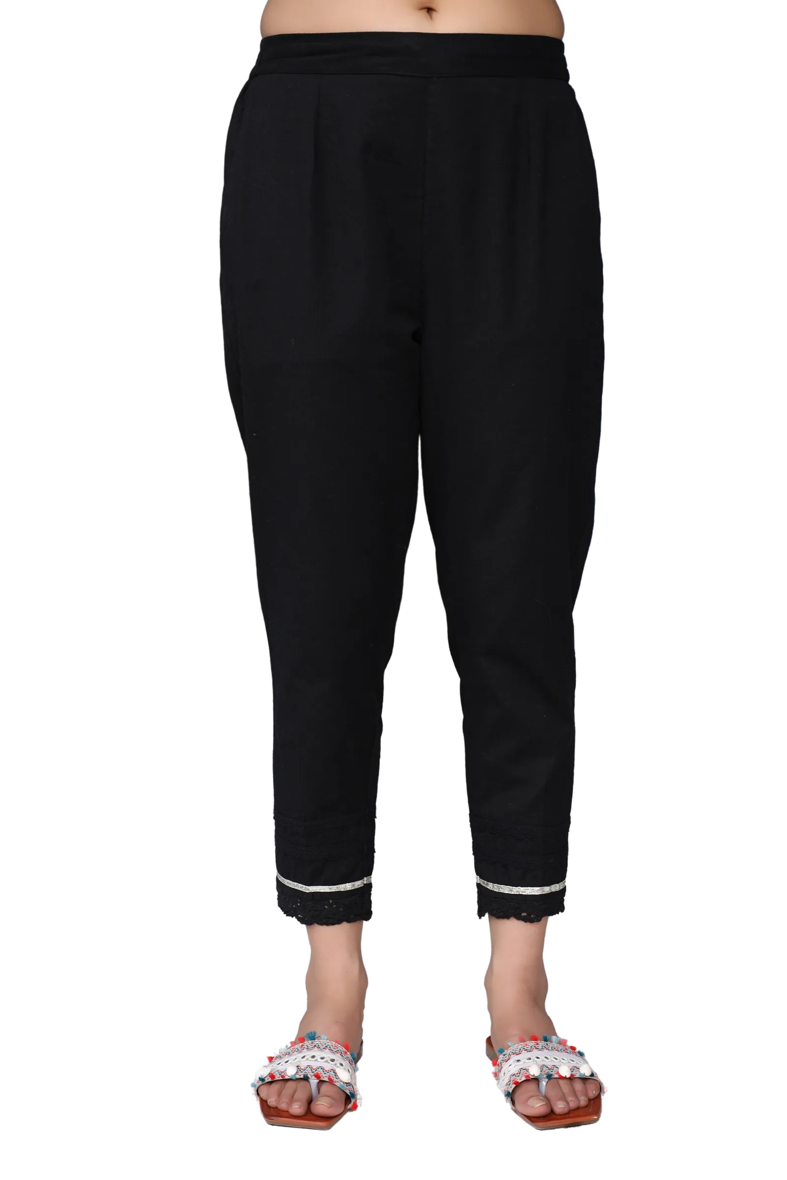 Juniper Black Solid Cotton Women Slim Fit Laced Pants With Single Side Pocket & Drawstring