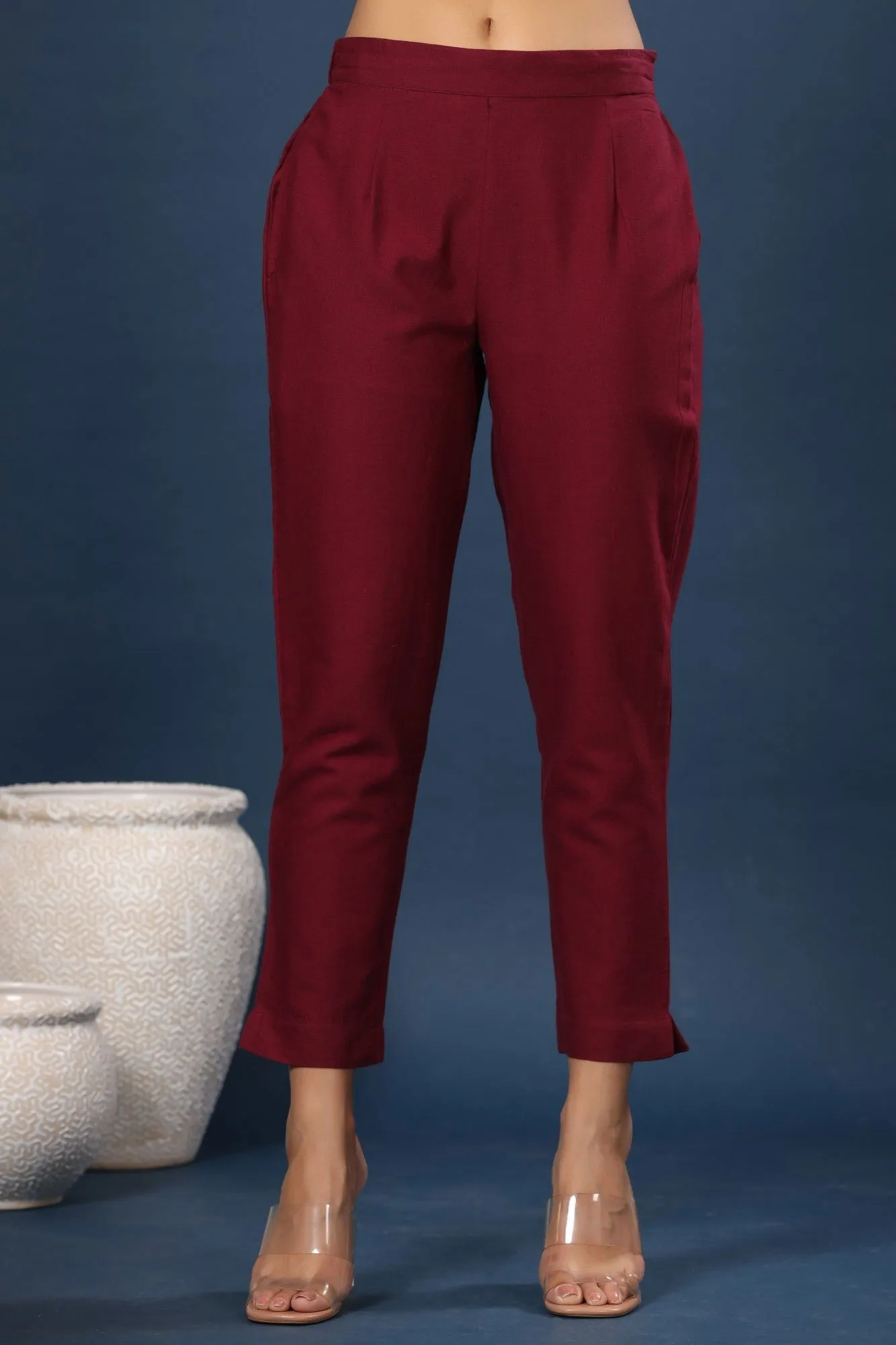 Juniper Burgundy Solid Cotton Flex Slim Fit Women Pants With Two Pockets