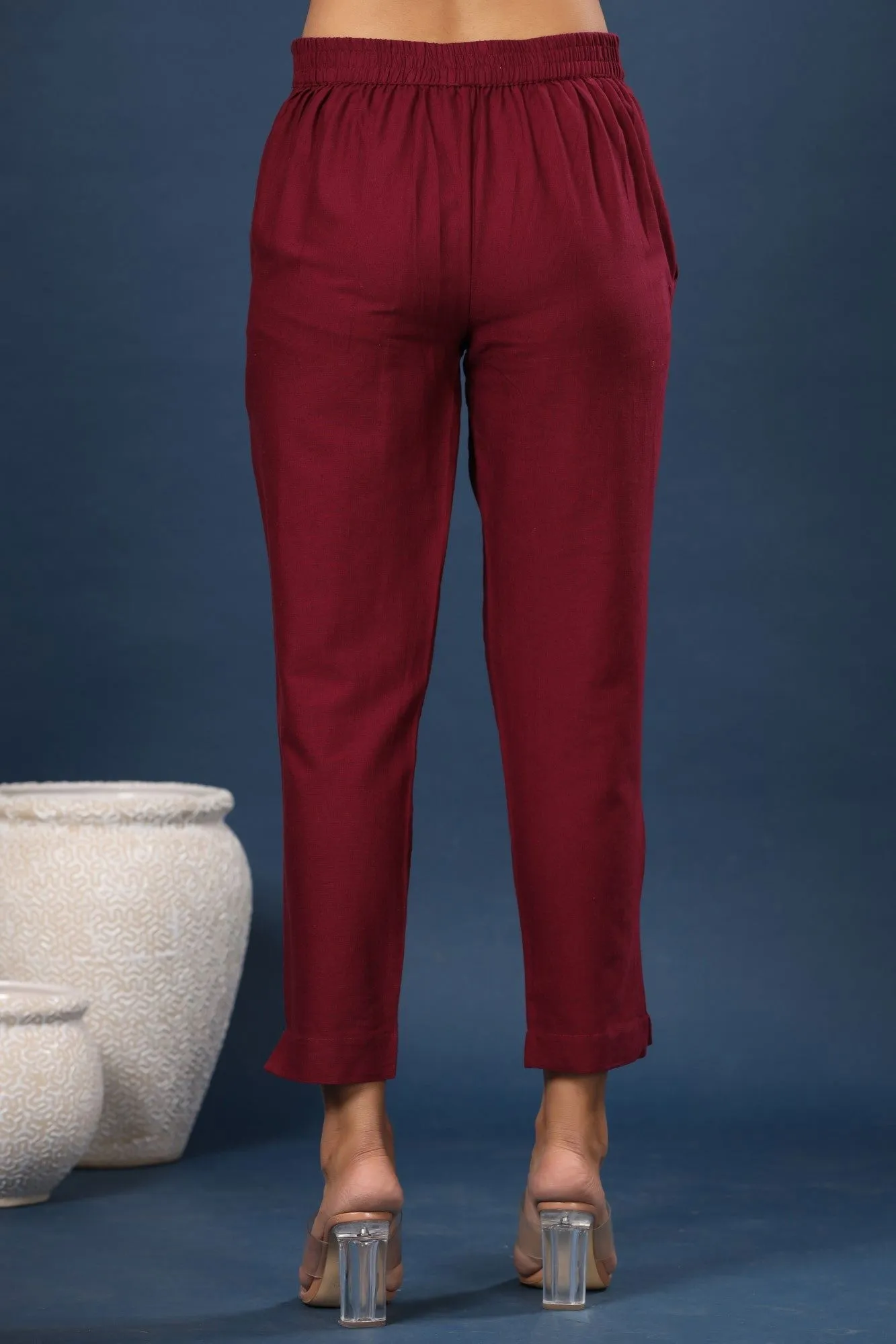 Juniper Burgundy Solid Cotton Flex Slim Fit Women Pants With Two Pockets