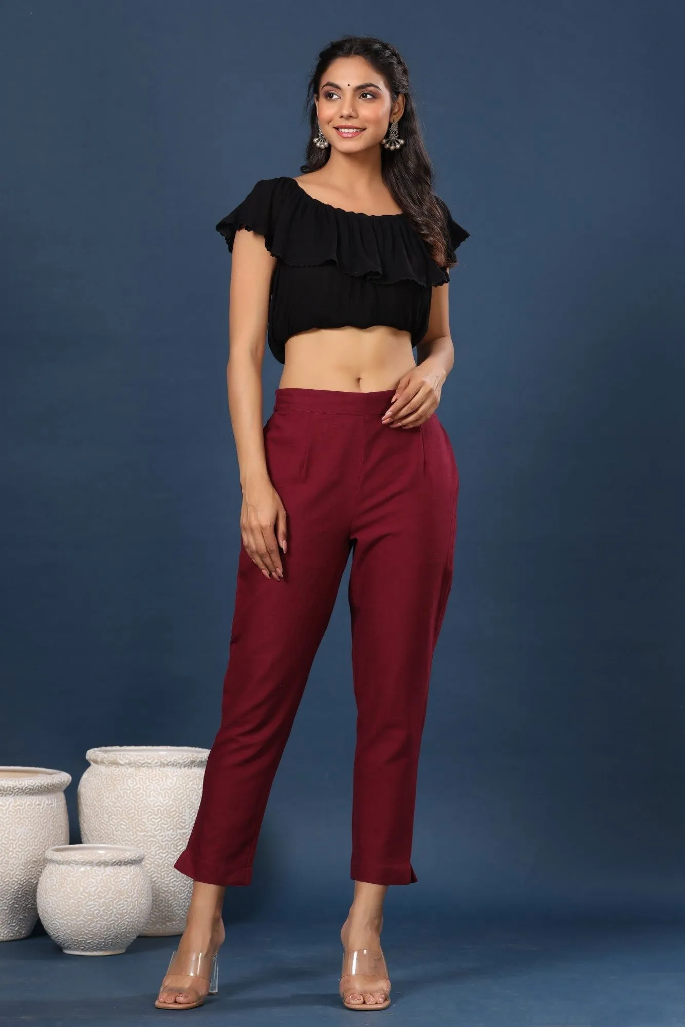 Juniper Burgundy Solid Cotton Flex Slim Fit Women Pants With Two Pockets