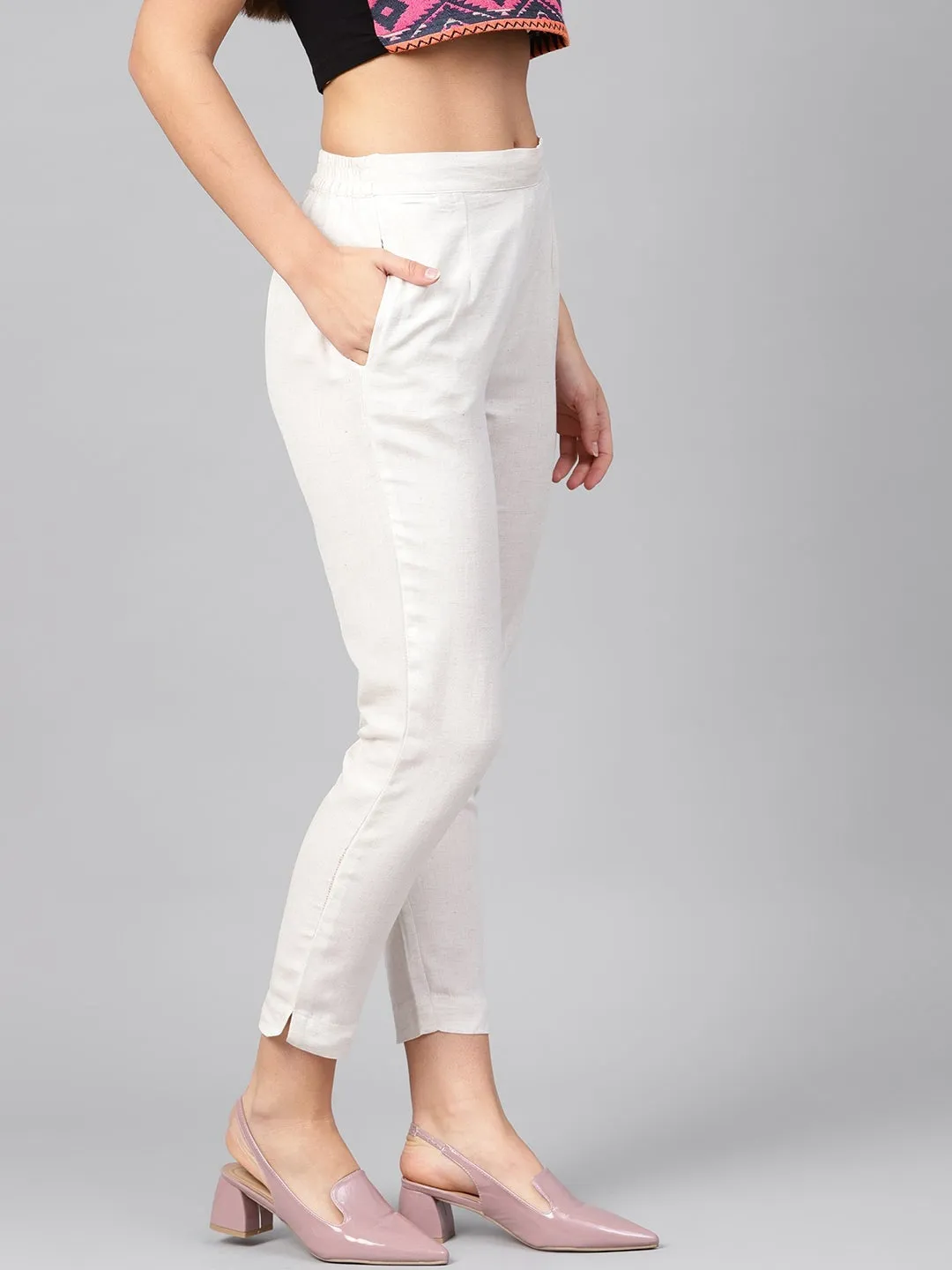 Juniper Ivory Solid Rayon Flex Slim Fit Women Pants With Two Pockets