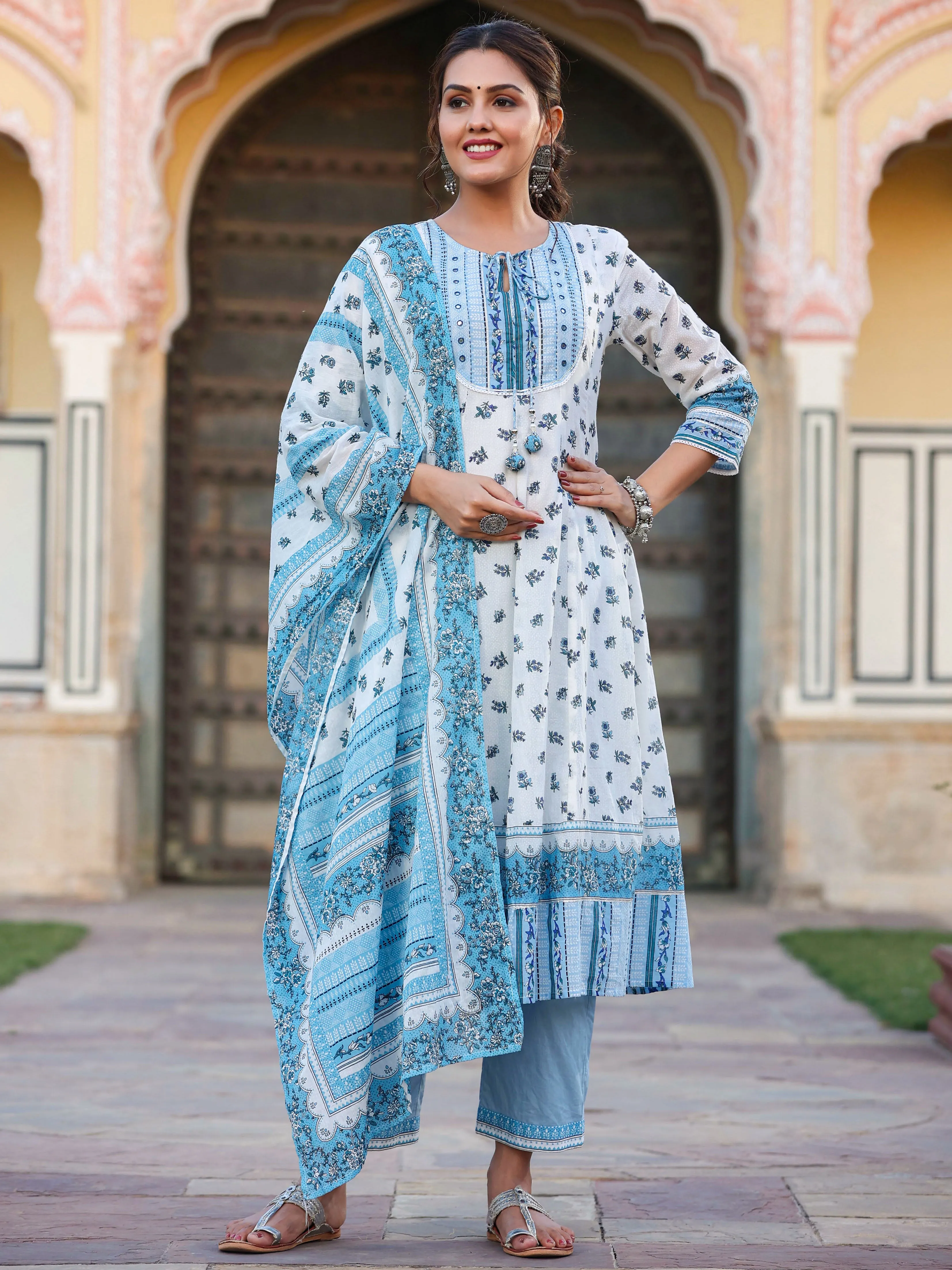 Juniper White Floral Printed Cotton Voile Kurta Pants & Dupatta Set With Sequins Work