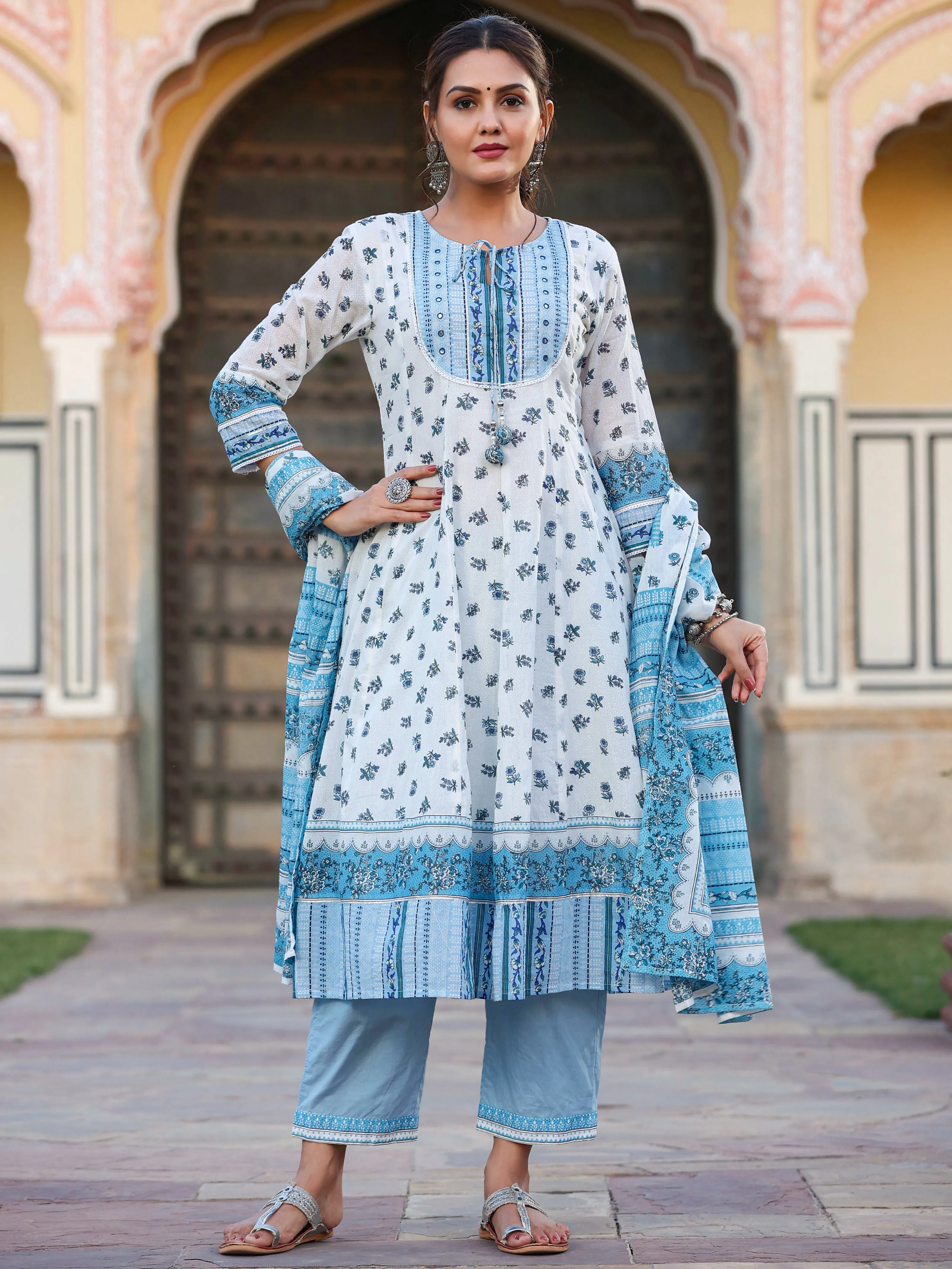 Juniper White Floral Printed Cotton Voile Kurta Pants & Dupatta Set With Sequins Work