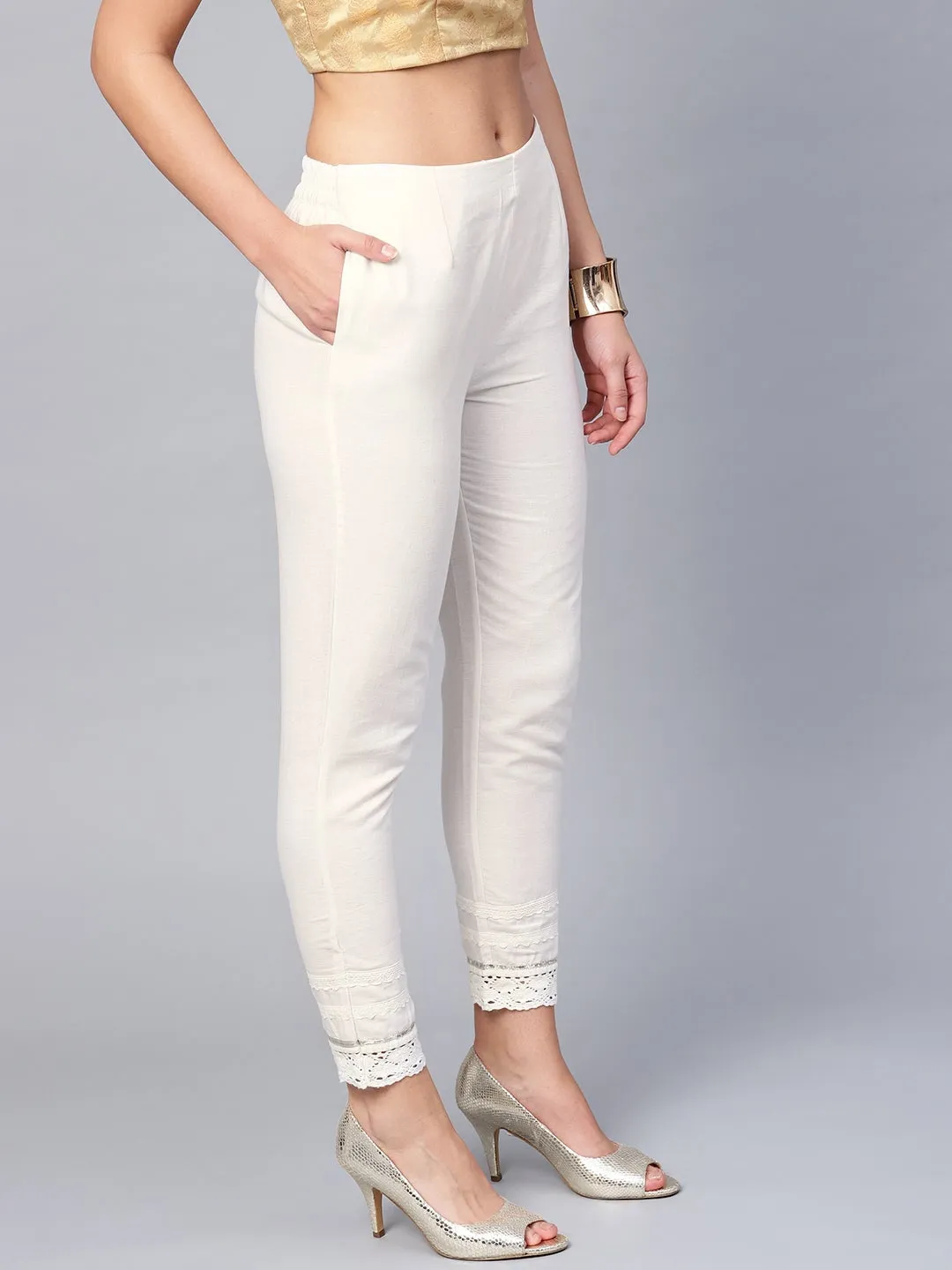 Juniper White Solid Cotton Flex Slim Fit Women Pants With One Pocket