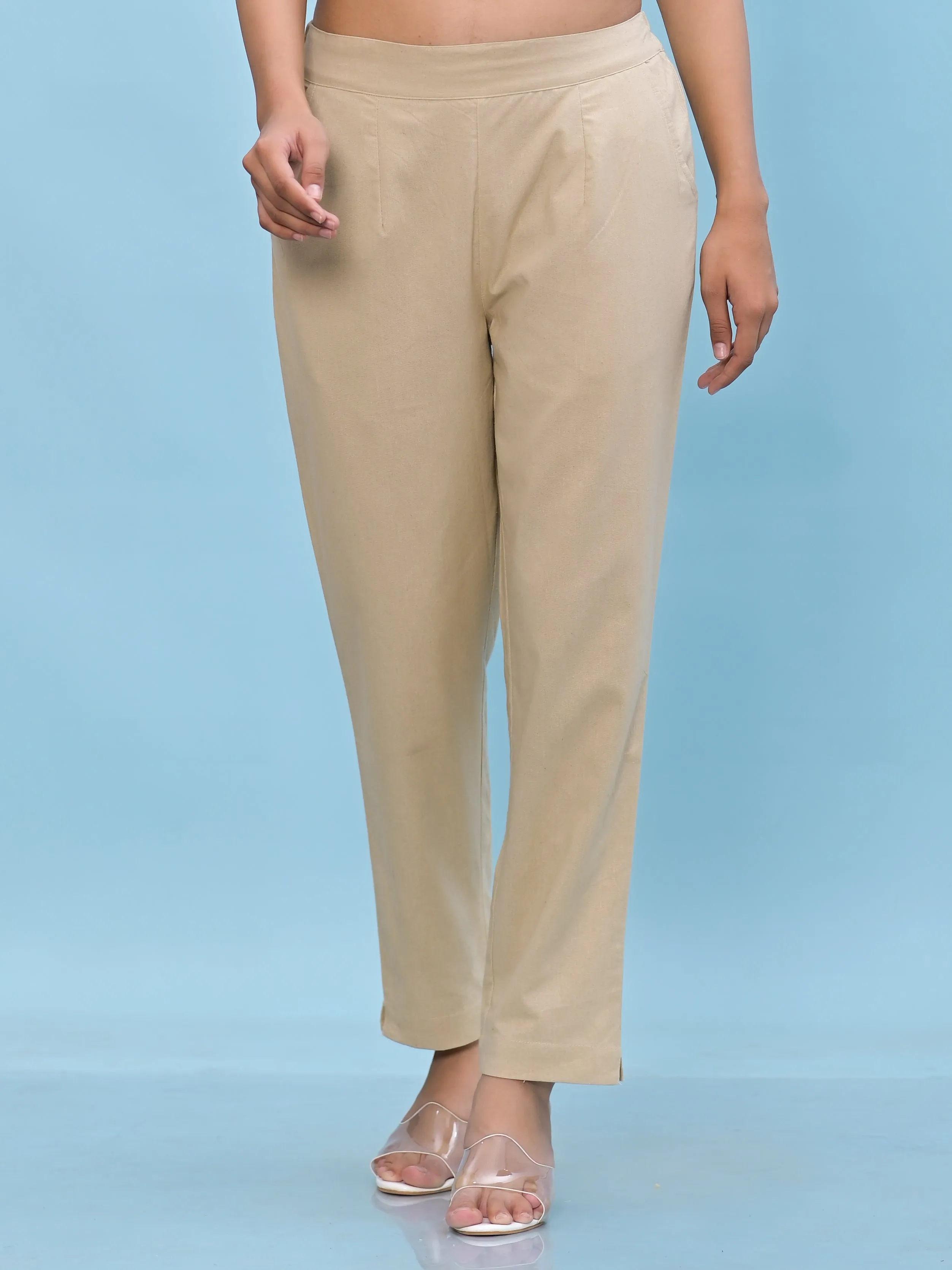 Juniper Women Beige Solid Cotton Pants with Partially Elasticated Waistband and Two Side Pockets